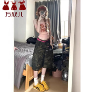 萬(wàn)欣兒美式復古直筒迷彩工裝短褲女秋季2025新款寬松顯瘦高腰休閑七分褲 M