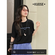 闊色（kuose）白色字母短袖T恤女裝2025春夏季新款秋正肩修身顯瘦氣質(zhì)上衣 黑色 L