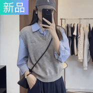 妃奧絨假兩件條紋拼接針織長(cháng)袖襯衫女休閑百搭學(xué)院風(fēng)秋冬疊穿毛衣上衣潮 灰色 M 100-110斤