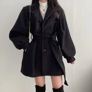 tromlfz米白色感毛呢大衣女秋冬燈籠長袖加厚外套韓版連衣裙收腰短裙 黑色 S