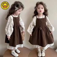 G.duck2025早秋新款套裝童裝碎花韓版長(cháng)裙洋氣女童吊帶連衣裙兩件套女孩 咖色套裝裙 120