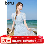 betu女裝2025夏季新款短袖連衣裙鏤空繡花法式收腰裙子女2506T42 藍色 L