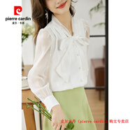 皮爾卡丹（pierre cardin）真絲襯衣女秋季小眾洋氣系帶蝴蝶結(jié)歐根紗上衣法式燈籠袖長袖襯衫 茉莉白 S