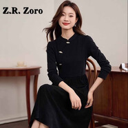 Z.R.Zoro奢侈品連衣裙女2025秋冬新款拼接燈芯絨裙子新中式盤扣立領連衣裙 石暮黑 S