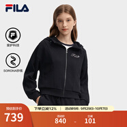 FILA 斐樂(lè )官方短款外套女秋季新款時(shí)尚刺繡開(kāi)衫衛衣夾克上衣 正黑色-BK M