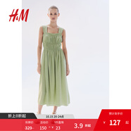 H&M女裝背心吊帶連衣裙秋季修身收腰清新上身縮褶連身裙1229619 淺綠色 160/88 S