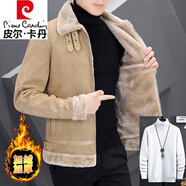 皮爾卡丹（pierre cardin）冬季鹿皮絨外套男短款風(fēng)衣皮毛一體羊羔毛麂皮夾克機(jī)車服 卡其色(白毛衣) M