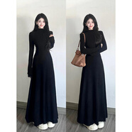 jane Deiune黑色赫本風(fēng)秋冬連衣裙休閑長(cháng)袖裙子高領(lǐng)a字新款長(cháng)裙女內搭高個(gè)子 黑色高領(lǐng)連衣裙 M