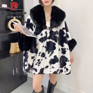 皮爾卡丹秋冬加大尺碼豹紋仿獺兔毛領(lǐng)斗篷型披肩女毛呢外套蝙蝠袖中長(cháng)款披 【水墨】黑色 均碼 現貨 寬松版型