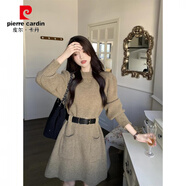 皮爾卡丹（pierre cardin）秋冬新款小個(gè)子收腰網(wǎng)紅韓版別致加厚針織連衣裙打底內搭毛衣裙子 淺咖色 【配腰帶】 M 建議95-110斤