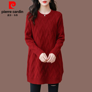 皮爾卡丹（pierre cardin）200斤可穿中長(cháng)款毛衣女寬松韓版大d碼外穿顯高上衣套頭百搭針織衫 大紅色 XL 加大版建議120-135斤
