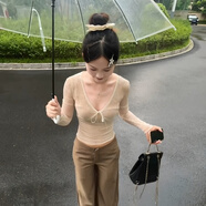 麗喬法式純欲v領(lǐng)蝴蝶結(jié)長袖t恤女秋季蕾絲拼接辣妹緊身短款打底衫上衣 杏色上衣 S碼80-98 均碼