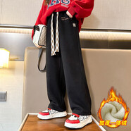 北極絨（Bejirog）女童加絨闊腿褲2025新款兒童女加厚直筒長(cháng)褲中大童保暖冬季休閑褲 黑色 （一體絨） 160 cm