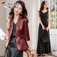 啄木鳥(niǎo)酒紅色西裝外套女春夏2025新款高級感職業(yè)醋酸緞面西服連衣裙套裝 酒紅色外套+黑色連衣裙 M