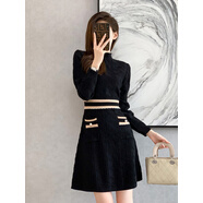 映棠早秋長(cháng)袖針織連衣裙半高領(lǐng)毛衣內搭打底衫小黑裙設計感黑色 S