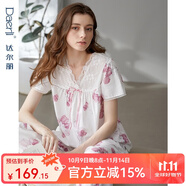 達爾麗睡衣女夏季新款純棉短袖九分褲薄款蕾絲邊花卉高級感梭織棉家居服 T8221201-049-粉紫 M