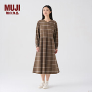 無印良品（MUJI）女式法蘭絨抽褶連衣裙女裝裙子長袖秋冬季打底裙純棉BC08CC4A 淺米色格紋 S (155/80A)