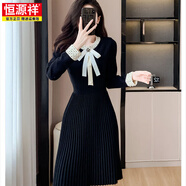 恒源祥赫本風(fēng)小黑裙針織連衣裙女秋冬2025新款小香風(fēng)內搭打底裙百褶裙子 黑色 S