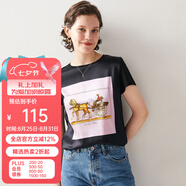 帕羅桑蠶絲圓領(lǐng)短袖t恤上衣真絲印花絲綢休閑百搭ab版夏季打底衫 黑馬車 L (165/88A)