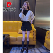 皮爾卡丹（pierre cardin）春季減齡穿搭一整套2025新款設計感翻領(lǐng)拼接針織毛衣+短褲兩件套 白色針織毛衣+黑色短褲 S 建議85-100斤