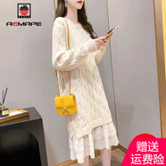 AEMAPE中長款連衣裙女2025春秋冬季新寬松加厚蕾絲過膝針織毛衣裙子女 白色加厚 M