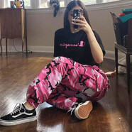 HUALIN FASHION歐美2025秋冬工裝牛仔哈倫褲休閑褲 玫紅色 S
