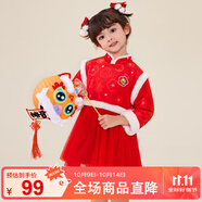 B.Duck小黃鴨童裝女童連衣裙女孩紅色中國風福娃拜年服裙0050中國紅105