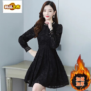 初徑蕾絲連衣裙子女裝春秋冬年新款加絨加厚打底小個(gè)子長(cháng)袖中長(cháng)裙 黑色（加絨） 2XL (125-135斤)