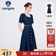 Navigare意大利小帆船短袖連衣裙女士夏季百搭A字裙時尚顯瘦復古牛仔長裙 海軍藍 XL 碼