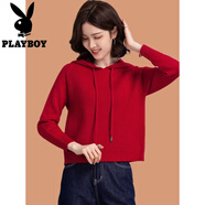 花花公子（PLAYBOY）2025年秋季新款純色針織衛(wèi)衣女短款套頭洋氣連帽長(zhǎng)袖寬松毛衣外套 紅色 S 建議85-95斤