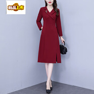 皮爾卡丹（pierre cardin）輕奢感喜婆婆婚宴裝秋冬女裝款洋氣時(shí)尚媽媽西裝領(lǐng)連衣裙 酒紅色【有開(kāi)叉】. XL 建議125-140斤