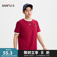三福2025夏季男士小動(dòng)物圖案短T恤 趣味寬松圓領(lǐng)上衣男502650 暗紅色 M