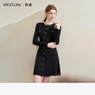 西遇（Westlink）西遇法式水鉆領(lǐng)口小香風針織連衣裙秋季單排扣氣質(zhì)通勤中長裙 黑色 S