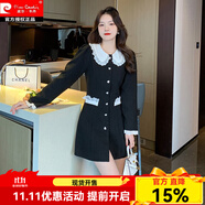 皮爾卡丹法式蕾絲娃娃領(lǐng)減齡連衣裙2024冬季新款簡約時尚甜美A字裙 黑色 S