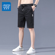 真維斯（Jeanswest）冰絲牛仔短褲男夏季薄款潮流休閑中褲外穿寬松天絲男士五分褲潮牌 黑色 L