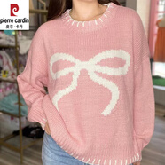 皮爾卡丹（pierre cardin）2025歐美新款慵懶風(fēng)套頭針織上衣蝴蝶結提花寬松外穿毛衣女 粉紅色 S