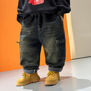 男童工裝加厚牛仔褲冬季2025新款兒童潮酷加絨保暖褲子寶寶寬松褲 深藍色 加絨 90