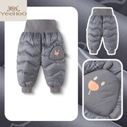 英氏（YEEHOO）2025新款嬰幼兒童褲保暖棉褲護肚加厚白鴨絨男童長(cháng)褲女童褲子 軟三防：花灰色調【高腰護肚】 90 cm_身高+10拍_偏胖+20拍