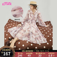 妖精的口袋蝴蝶結長袖雪紡連衣裙女2024秋季新款法式碎花裙高級感 水樣粉色 M