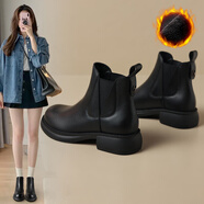 ZHR短靴女秋冬復古真牛皮通勤女靴舒適加絨切爾西靴 EH18A 黑色 38 