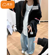 棉致美式條紋翻領(lǐng)外套女春秋季2025新款寬松開(kāi)衫衛衣棒球服夾克上衣 3158黑色【常規高品質(zhì)33.5】 M 80-100斤