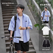 摩調(diào)（MOO&TONAL）條紋男士襯衫搭配帥氣夏季休閑 淺藍(lán)色襯衫+白色T恤+黑色短褲 M M 【158-168c105-125斤】