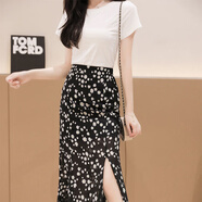 韓夢(mèng)珍白色T恤兩件套田園風(fēng)修身顯瘦2024夏新款韓版碎花雪紡包臀裙套裝 純白色單件上衣 S