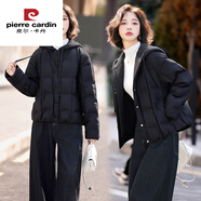 皮爾卡丹（pierre cardin）短款羽絨服女2025冬針織連帽拼接假兩件洋氣百搭商場同款90絨外套 黑色 今年流行的輕奢品牌 S 建議85--110斤