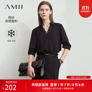 AMII女裝2025夏季新款通勤翻領(lǐng)V領(lǐng)拼蕾絲涼感雪紡衫女五分袖 黑色 S