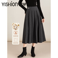 以純（YISHion）醋酸羊毛呢半身裙女新款秋冬高腰中長(cháng)款顯瘦灰色a字百褶裙子 灰色 S