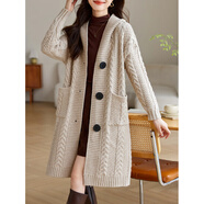 LISI輕奢國際高檔品牌外套春裝新款連帽粗線(xiàn)針織衫女中長(cháng)款裝外搭寬松 杏色 M 【90-105斤】