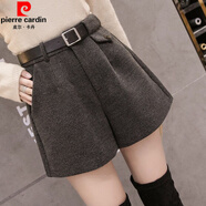 皮爾卡丹秋冬季毛呢靴褲闊腿短褲女裝春裝2025年新款顯瘦休閑短褲外穿裙褲 深灰毛呢短褲 【 配腰帶】    2XL (建議125-135斤)