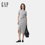 GAP女裝2025夏季新款刺繡logo腰部打結開(kāi)叉短袖中長(cháng)連衣裙765631 淺灰 S (160/80A) 亞洲尺碼