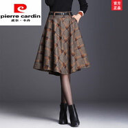 皮爾卡丹（pierre cardin）毛呢格子裙半身裙女a(chǎn)字裙秋冬新款百褶裙中長款傘裙顯瘦裙子時尚 咖啡格 L 腰圍 2尺1
